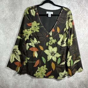 Judith Hart Blouse Womens 12 Brown Green Floral‎ Sheer Sequin V-Neck Boho Casual